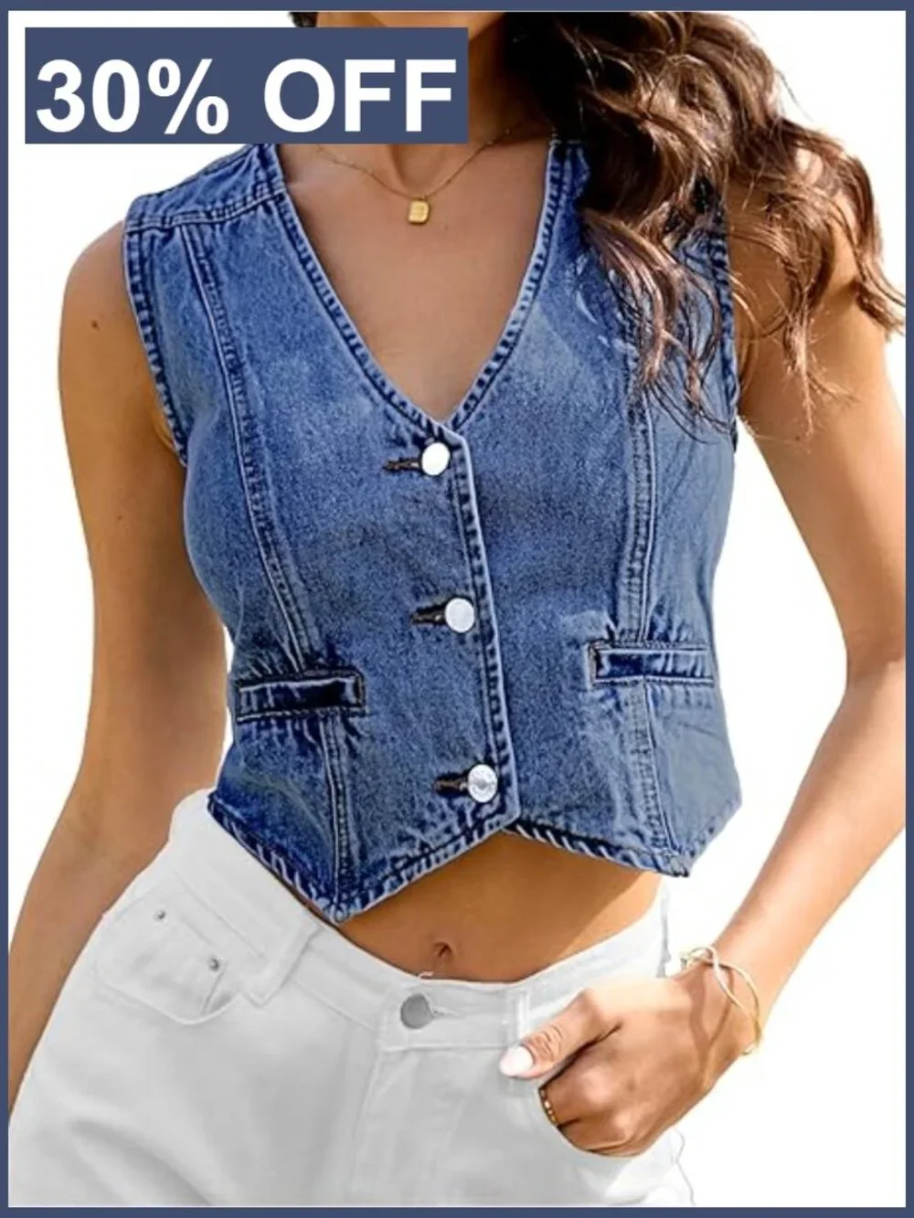Cropped Denim Vest V-Neck Western Jean Vest Top Sleeveless Country